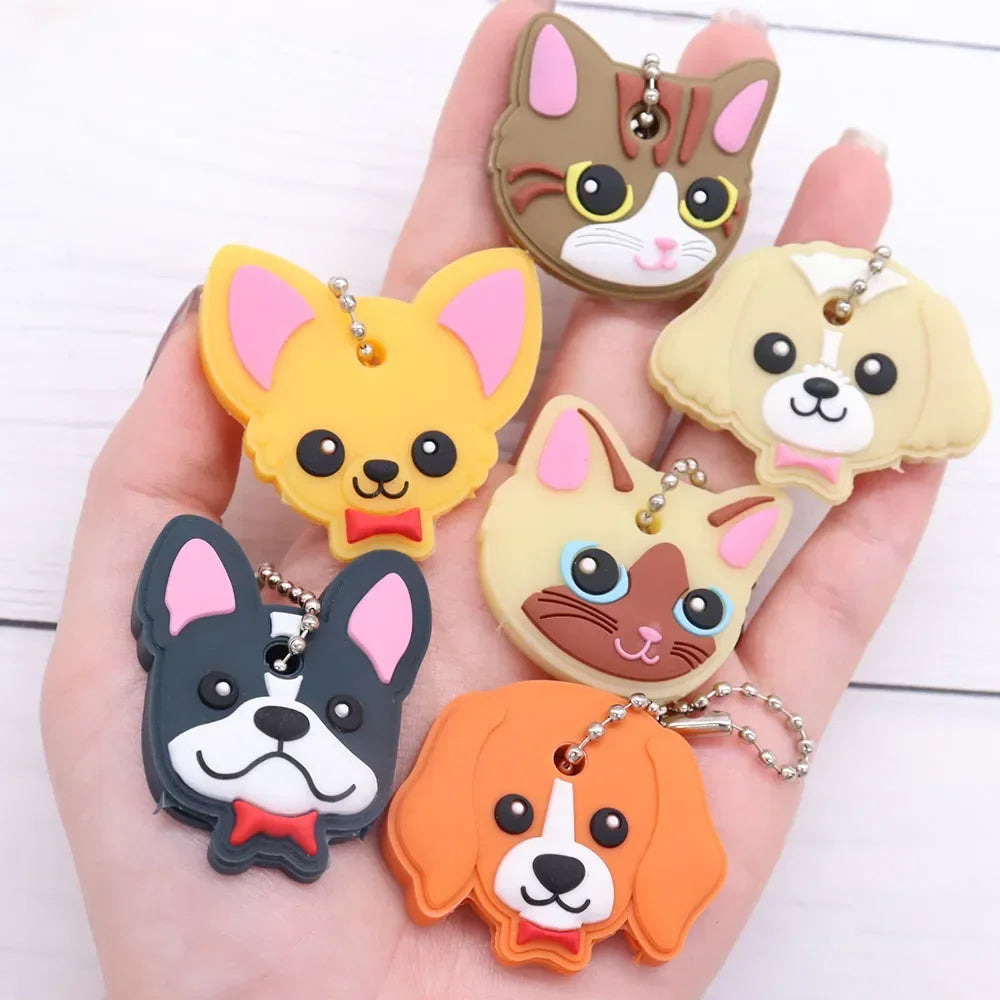 1pcs Cut Cartoon Animal Cat Dog Fox Key Cover Silicone Key Chains Women Funny Key Holder Caps Kids Party Gift - My Store