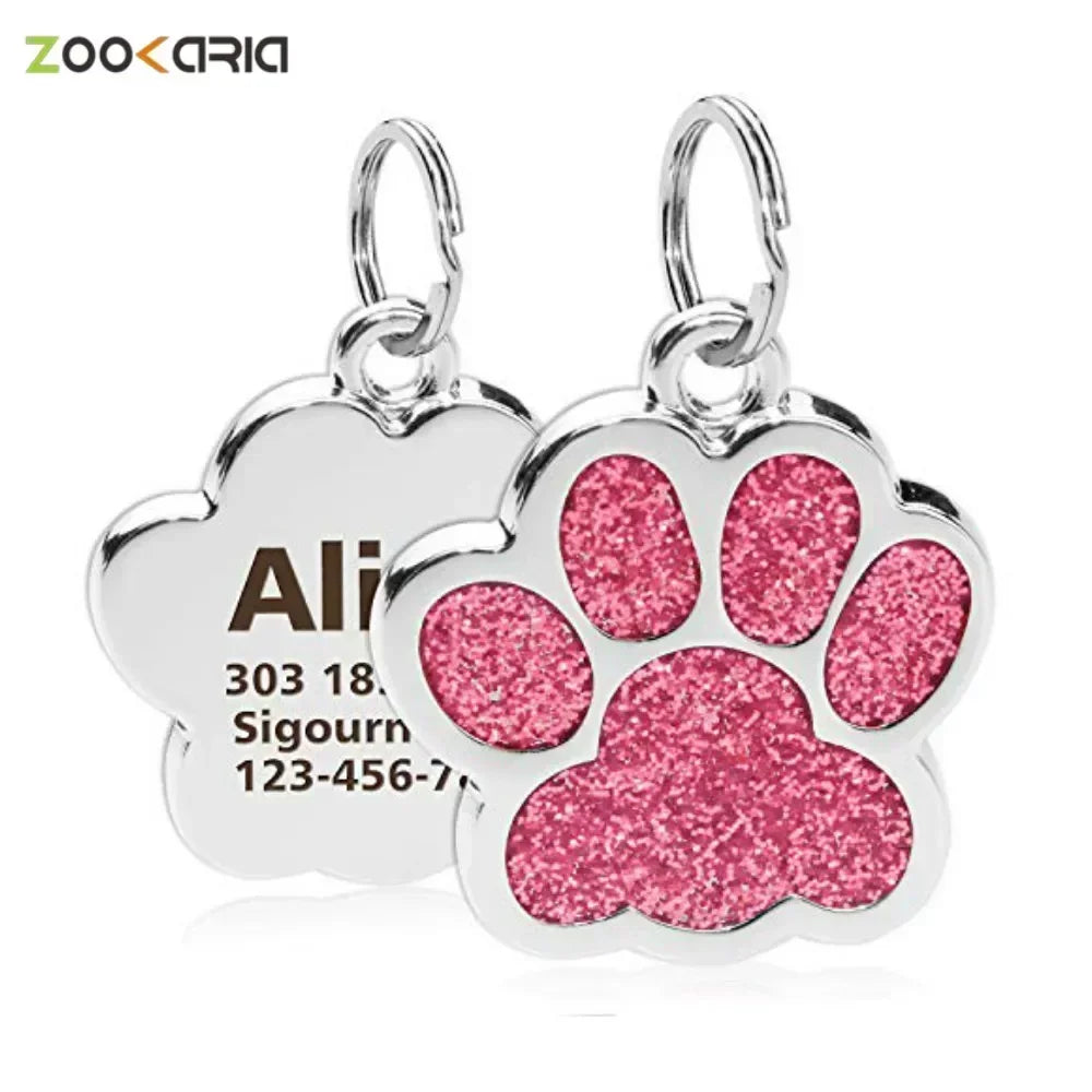 Personalized Dog Cat Tags Engraved Cat Dog Puppy Pet ID Name Collar Tag Pendant Pet Accessories Paw Glitter Pendant - My Store