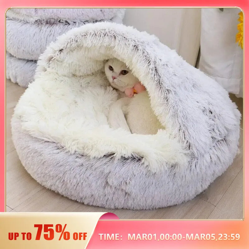 Soft Plush Pet Bed with Cover Round Cat Bed Pet Mattress Warm Cat Dog 2 in 1 Sleeping Nest Cave for Small Dogs - My Store