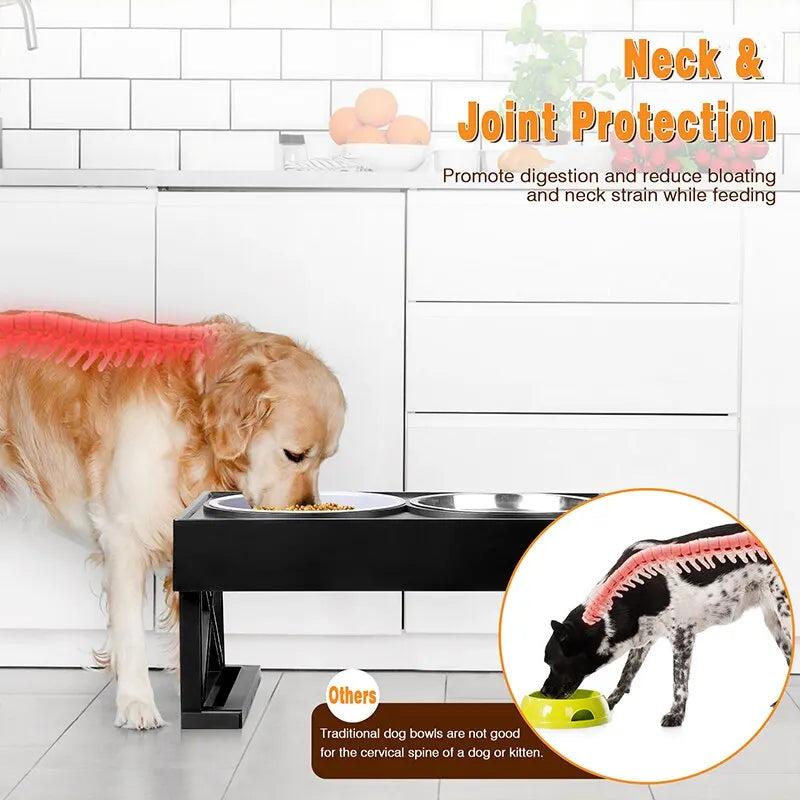 Dog Double Elevated Bowls Stand 3 Adjustable Height Pet Slow Feeding Dish Bowl Medium Big Dog Elevated Food Water Feeders Table - My Store