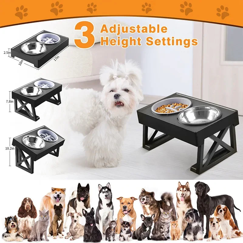 Dog Double Elevated Bowls Stand 3 Adjustable Height Pet Slow Feeding Dish Bowl Medium Big Dog Elevated Food Water Feeders Table - My Store