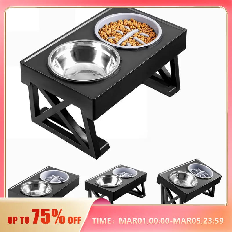 Dog Double Elevated Bowls Stand 3 Adjustable Height Pet Slow Feeding Dish Bowl Medium Big Dog Elevated Food Water Feeders Table - My Store
