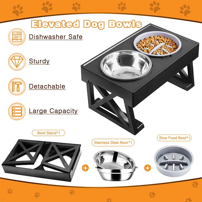 Dog Double Elevated Bowls Stand 3 Adjustable Height Pet Slow Feeding Dish Bowl Medium Big Dog Elevated Food Water Feeders Table - My Store