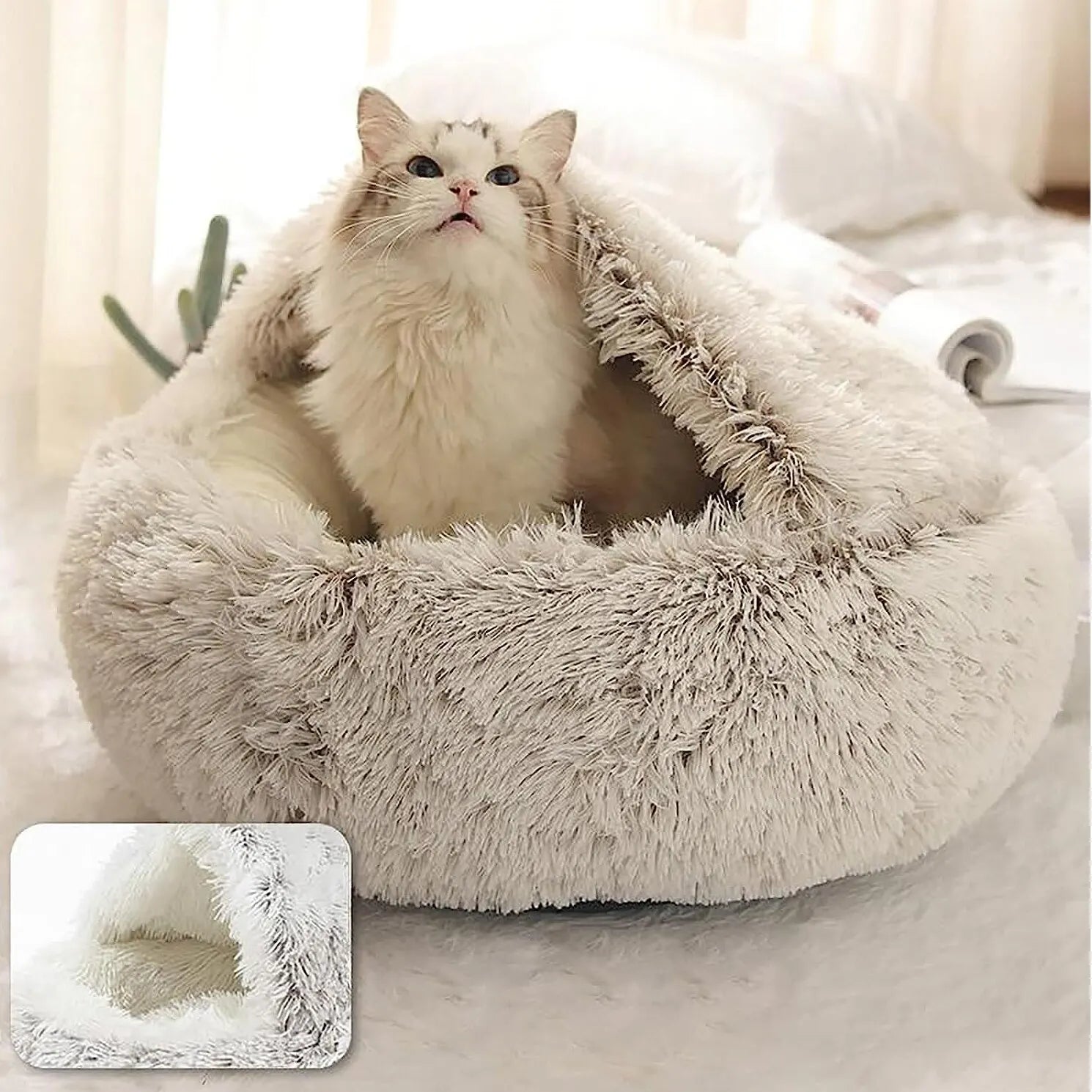 Soft Plush Pet Bed with Cover Round Cat Bed Pet Mattress Warm Cat Dog 2 in 1 Sleeping Nest Cave for Small Dogs - My Store