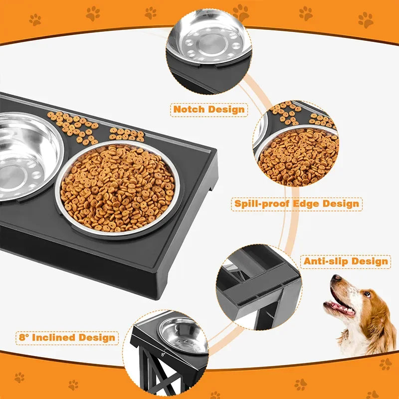 Dog Double Elevated Bowls Stand 3 Adjustable Height Pet Slow Feeding Dish Bowl Medium Big Dog Elevated Food Water Feeders Table - My Store